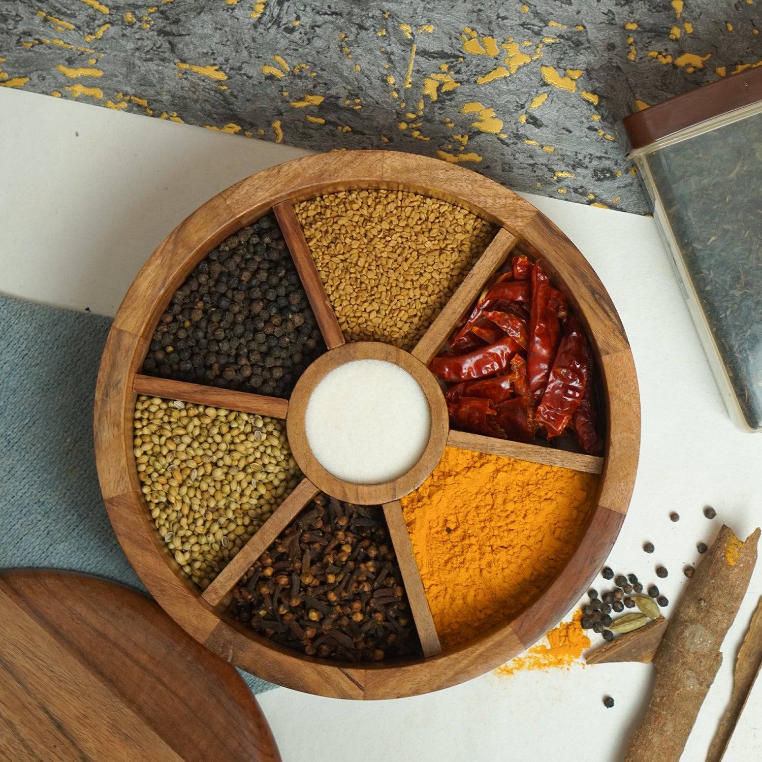 Eva – Acacia Wood Masala Box with Fixed Compartment