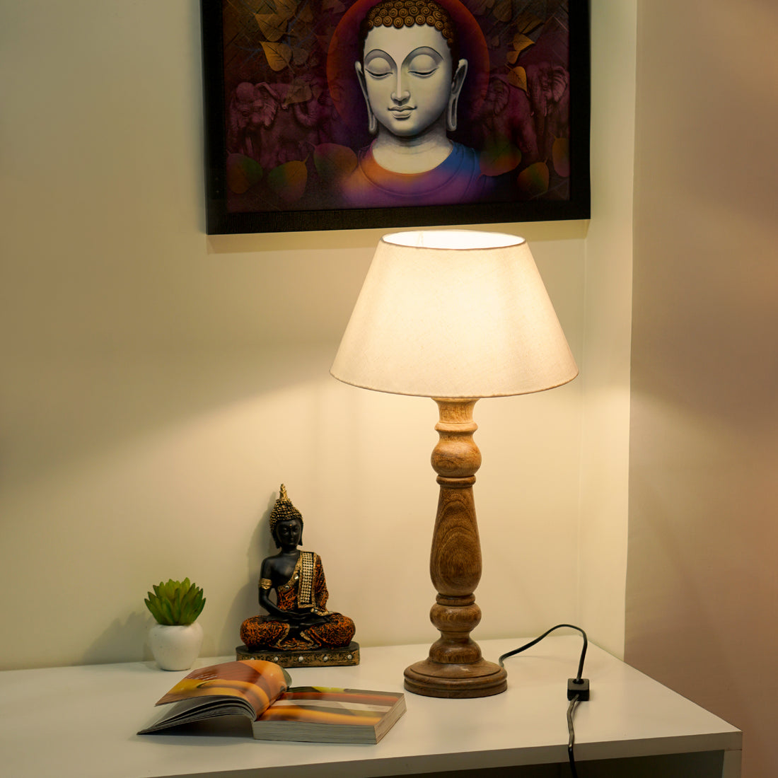 Lunera – Slim Wooden Table Lamp (Natural, Cotton Shade)
