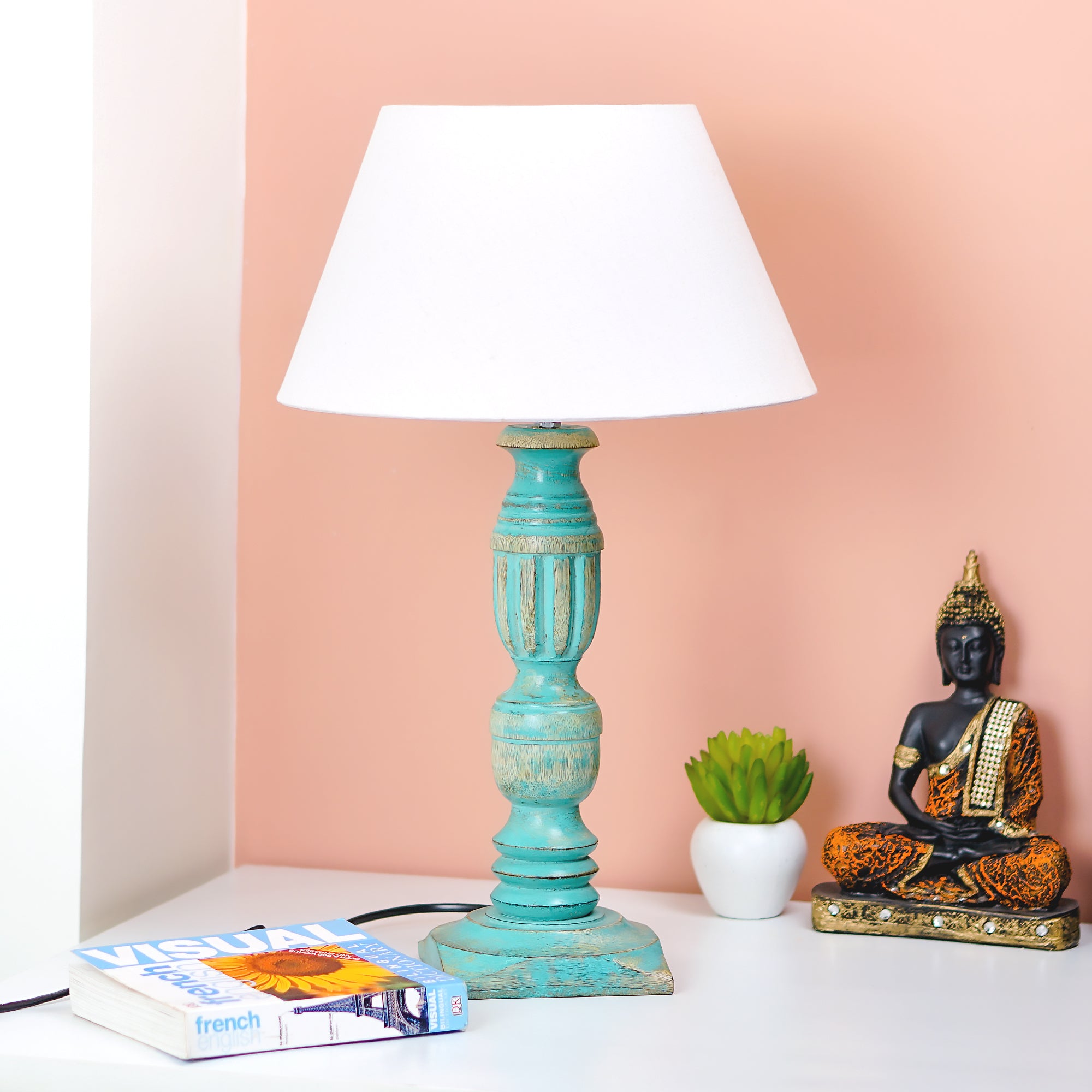 Serel – Wooden Table Lamp (Rustic Green, Cotton Shade)