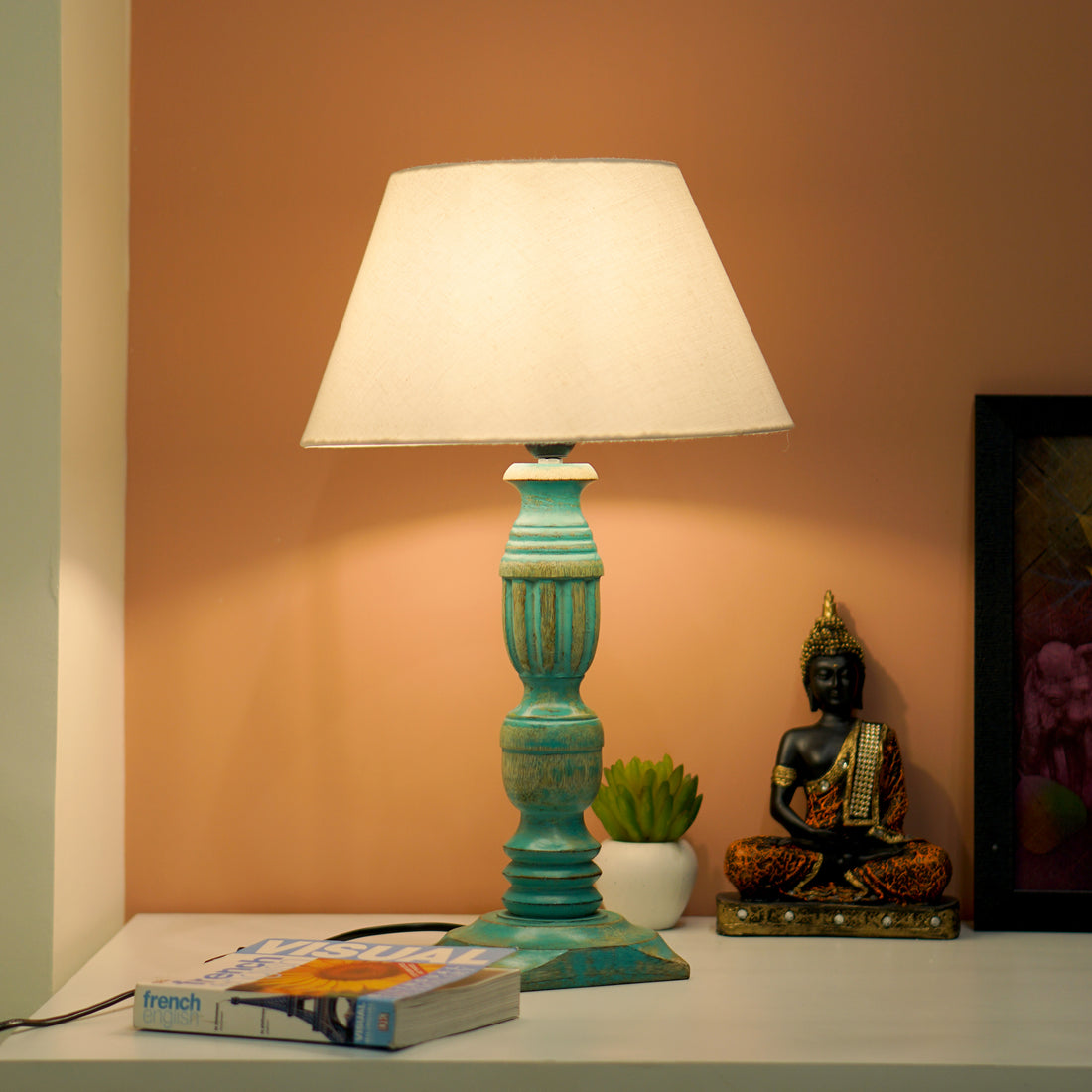 Serel – Wooden Table Lamp (Rustic Green, Cotton Shade)