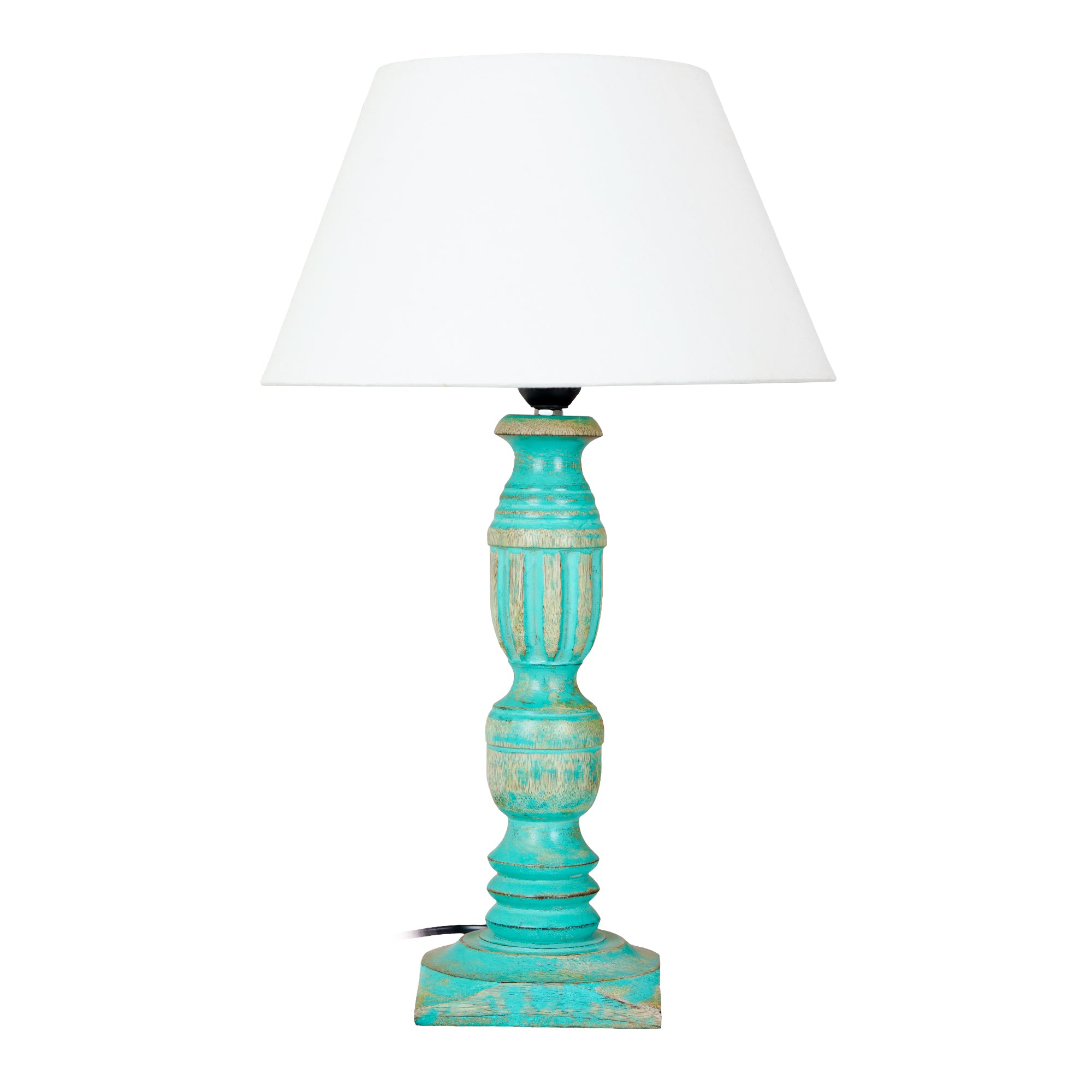 Serel – Wooden Table Lamp (Rustic Green, Cotton Shade)
