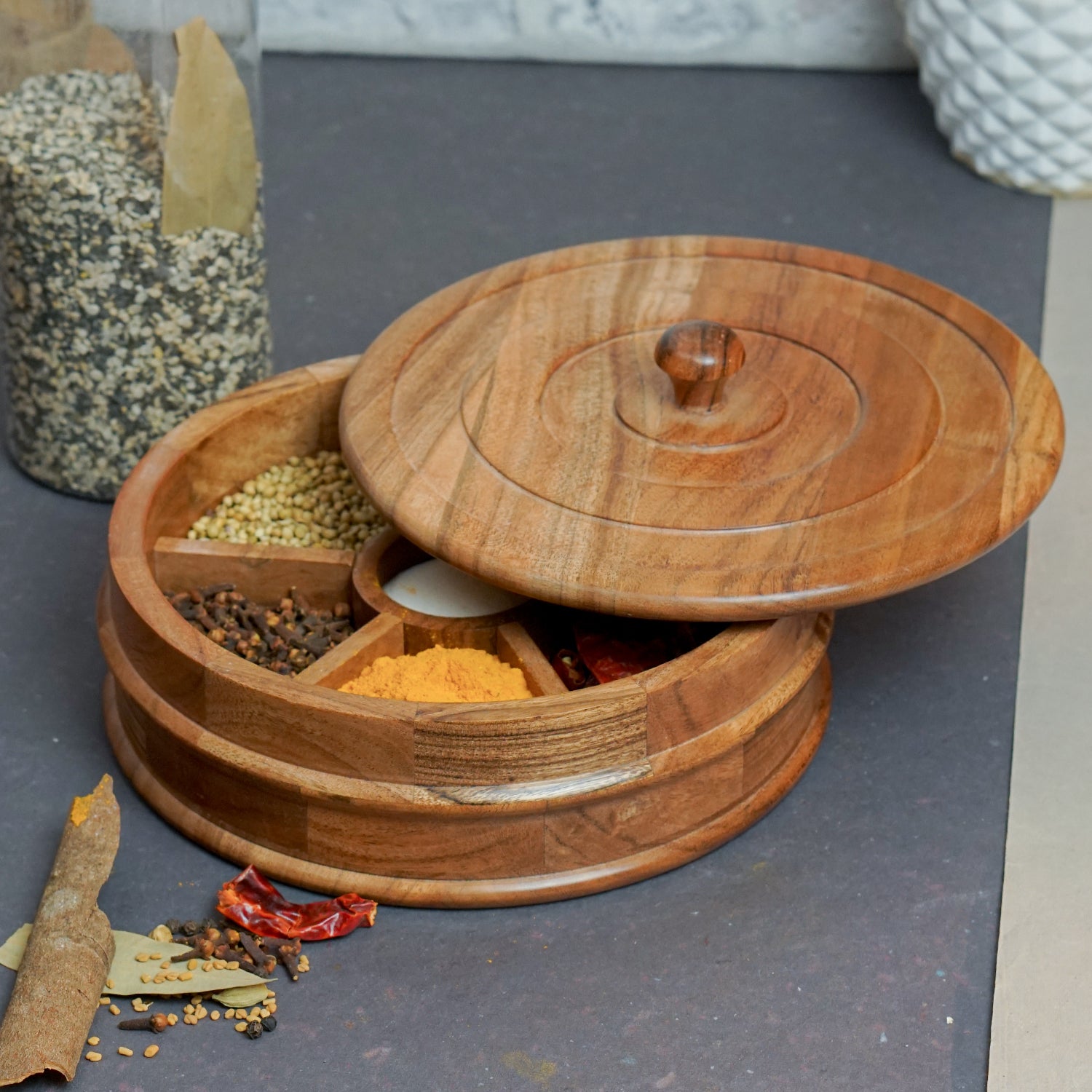 Eddy – Acacia Wooden Masala Box with Beautifully Carved Lid