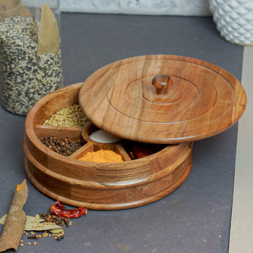 Eddy – Acacia Wooden Masala Box with Beautifully Carved Lid