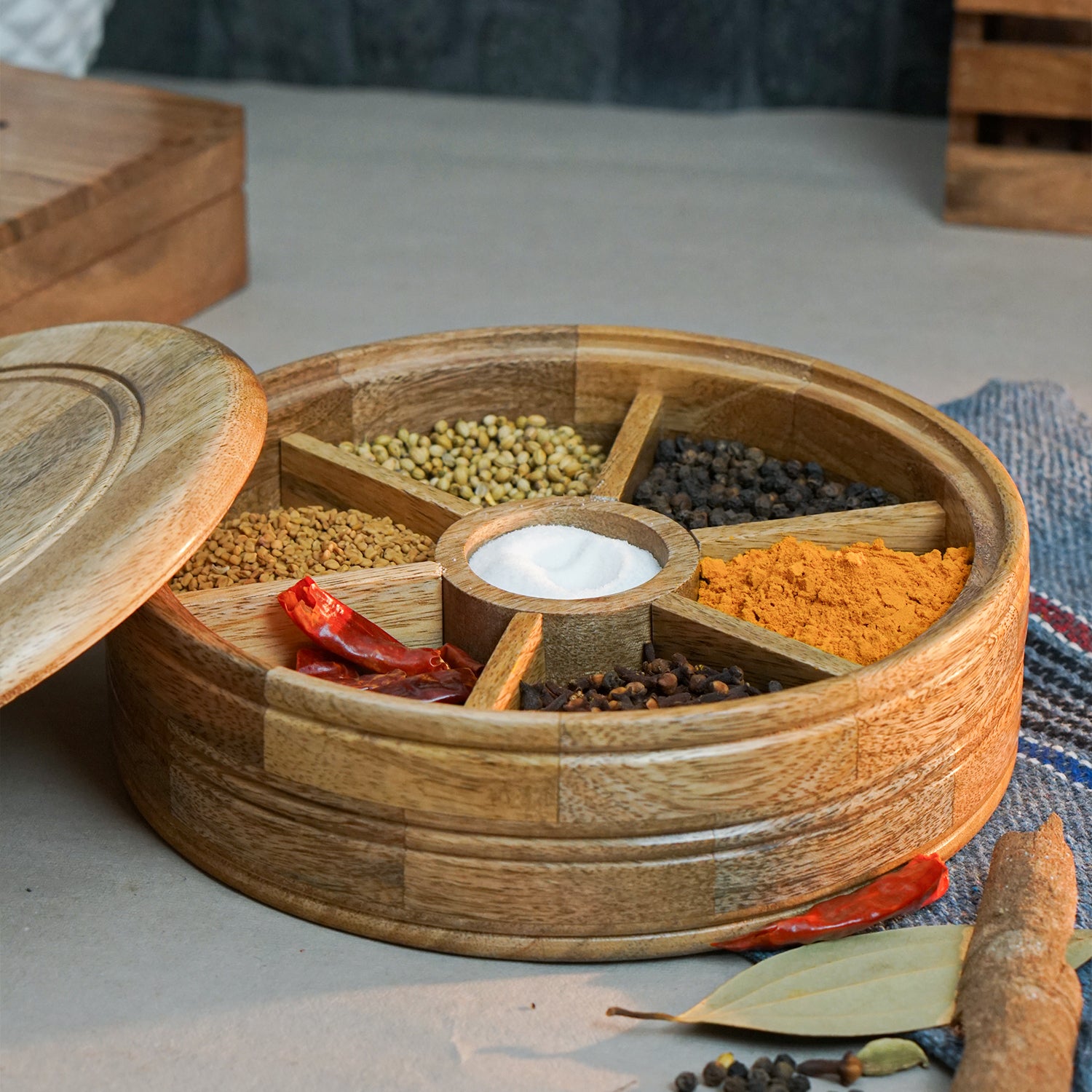 Bella - Mango Wooden Masala Box with Fix Compartment