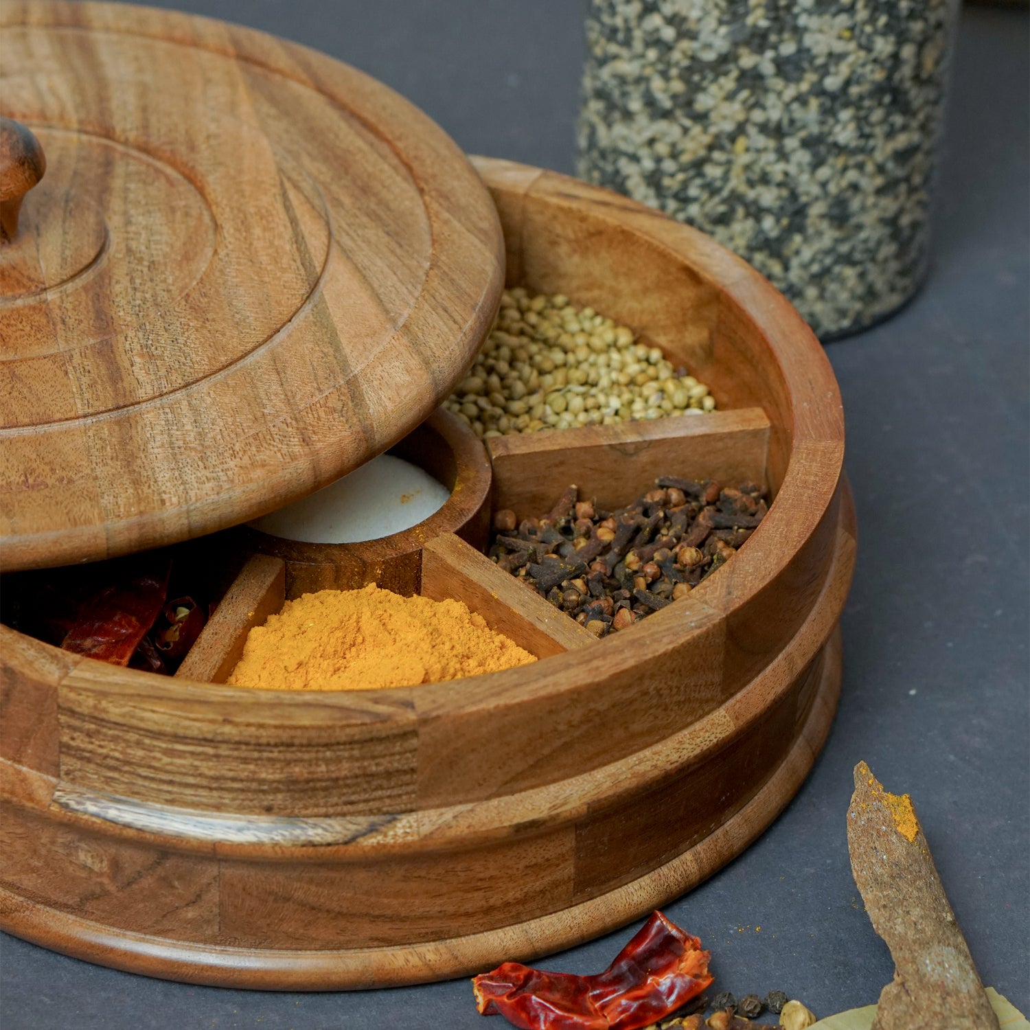 Eddy – Acacia Wooden Masala Box with Beautifully Carved Lid