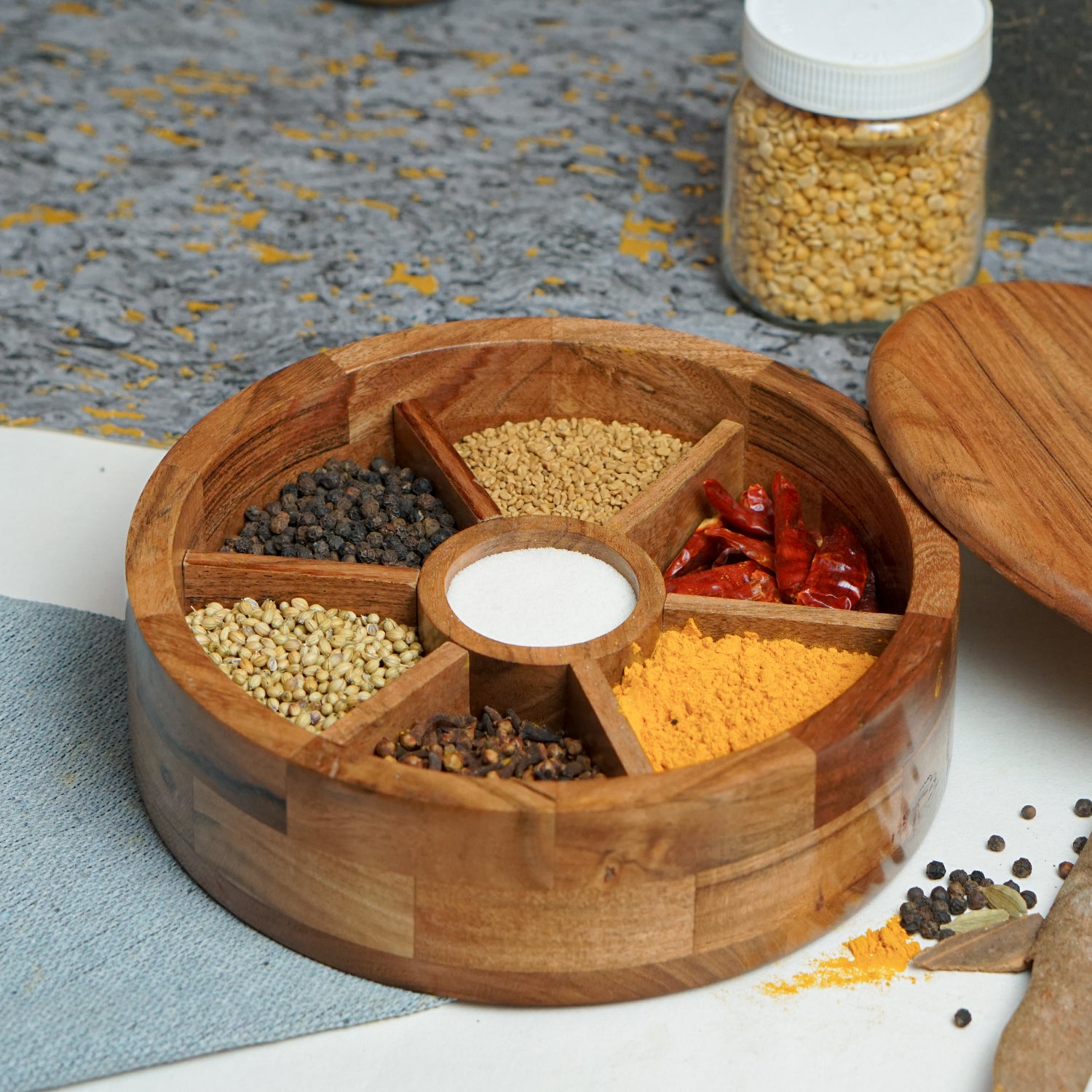 Eva – Acacia Wood Masala Box with Fixed Compartment
