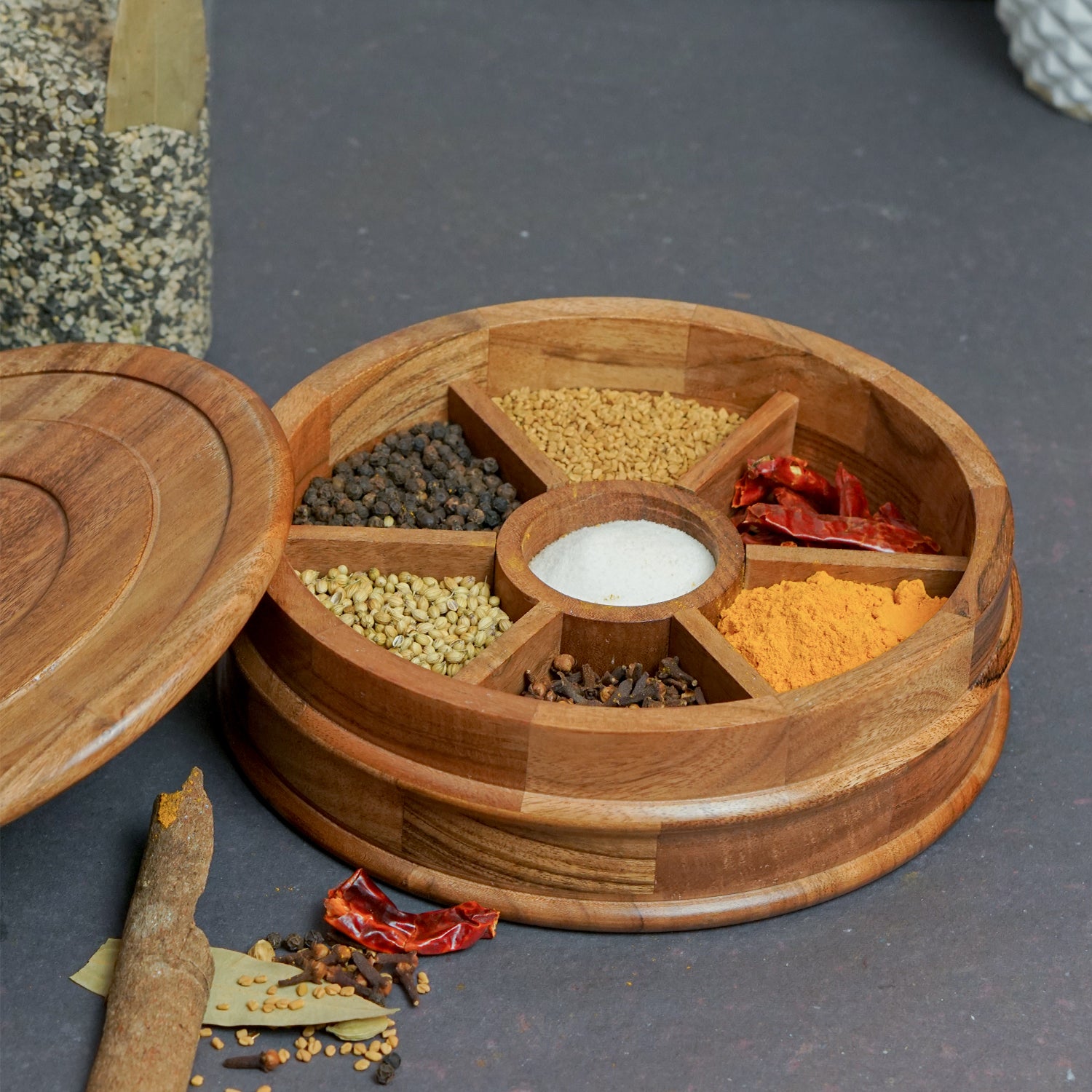 Eddy – Acacia Wooden Masala Box with Beautifully Carved Lid