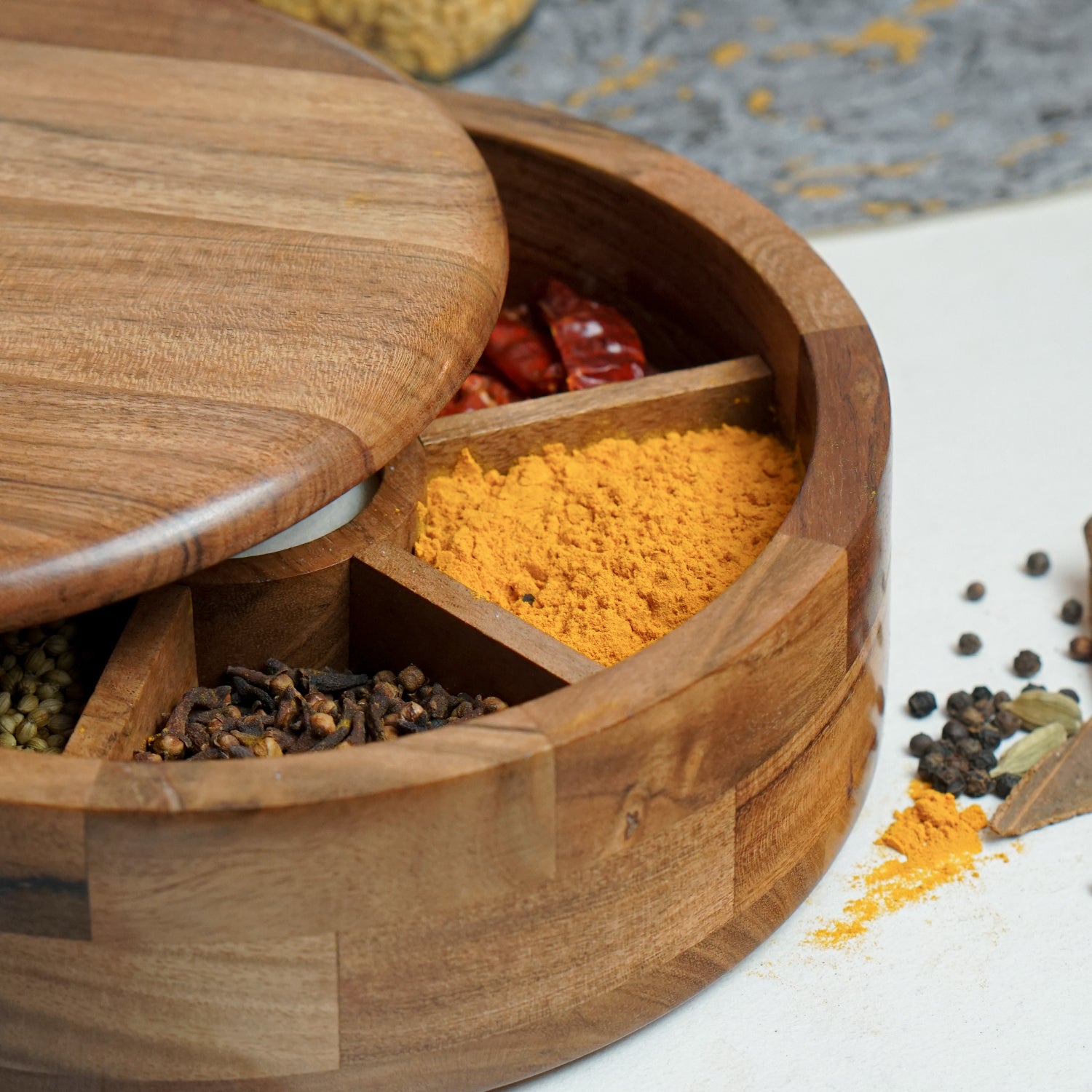 Eva – Acacia Wood Masala Box with Fixed Compartment