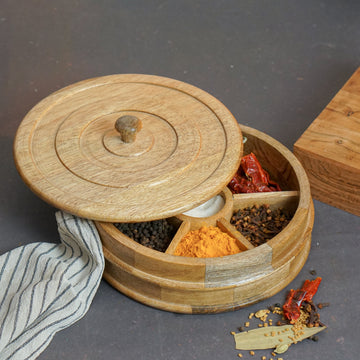Eddy – Mango Wooden Masala Box with Beautifully Carved Lid