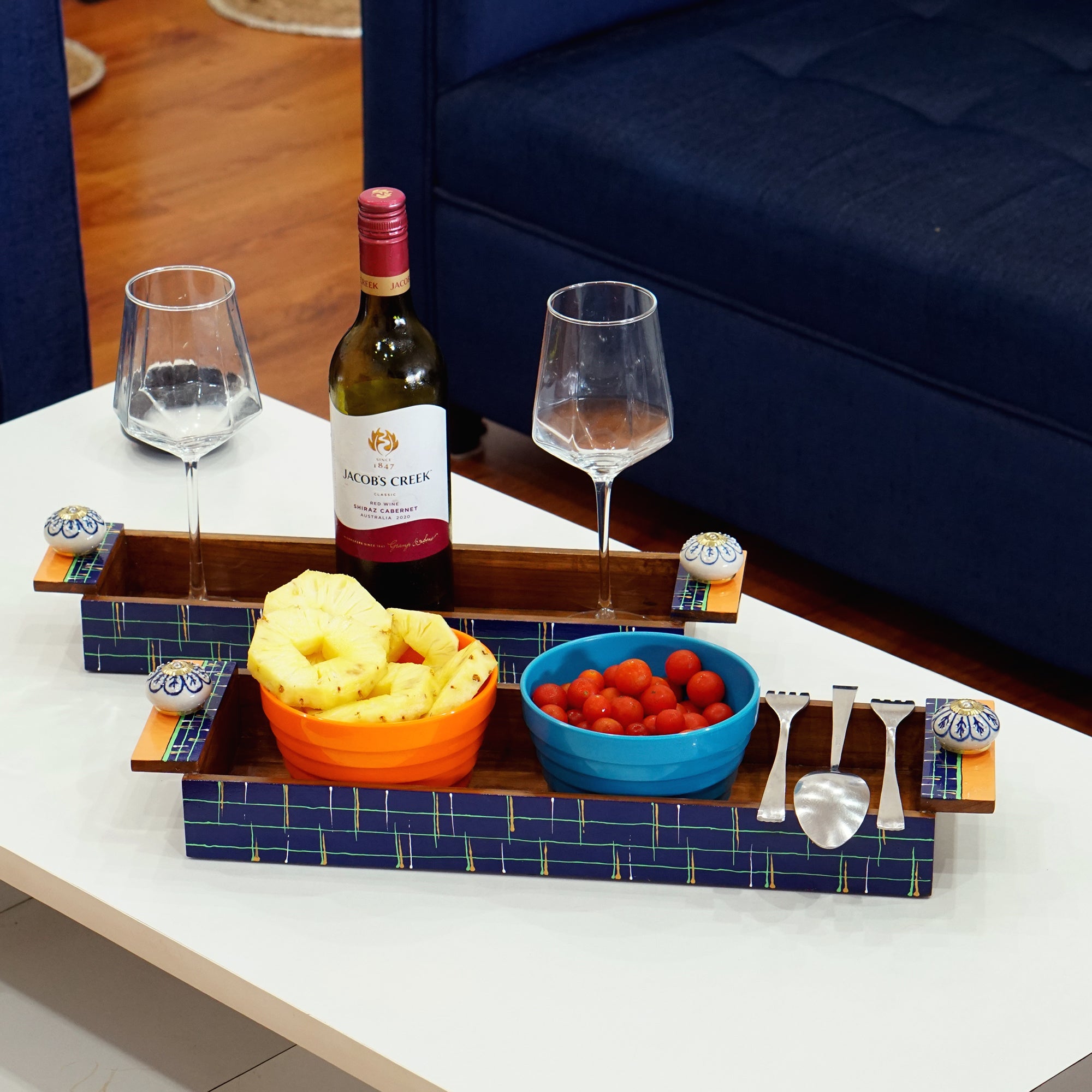 Tavira – Teak Wood Serving Tray Duo with Ceramic Knob Handles