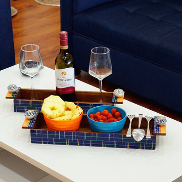 Tavira – Teak Wood Serving Tray Duo with Ceramic Knob Handles