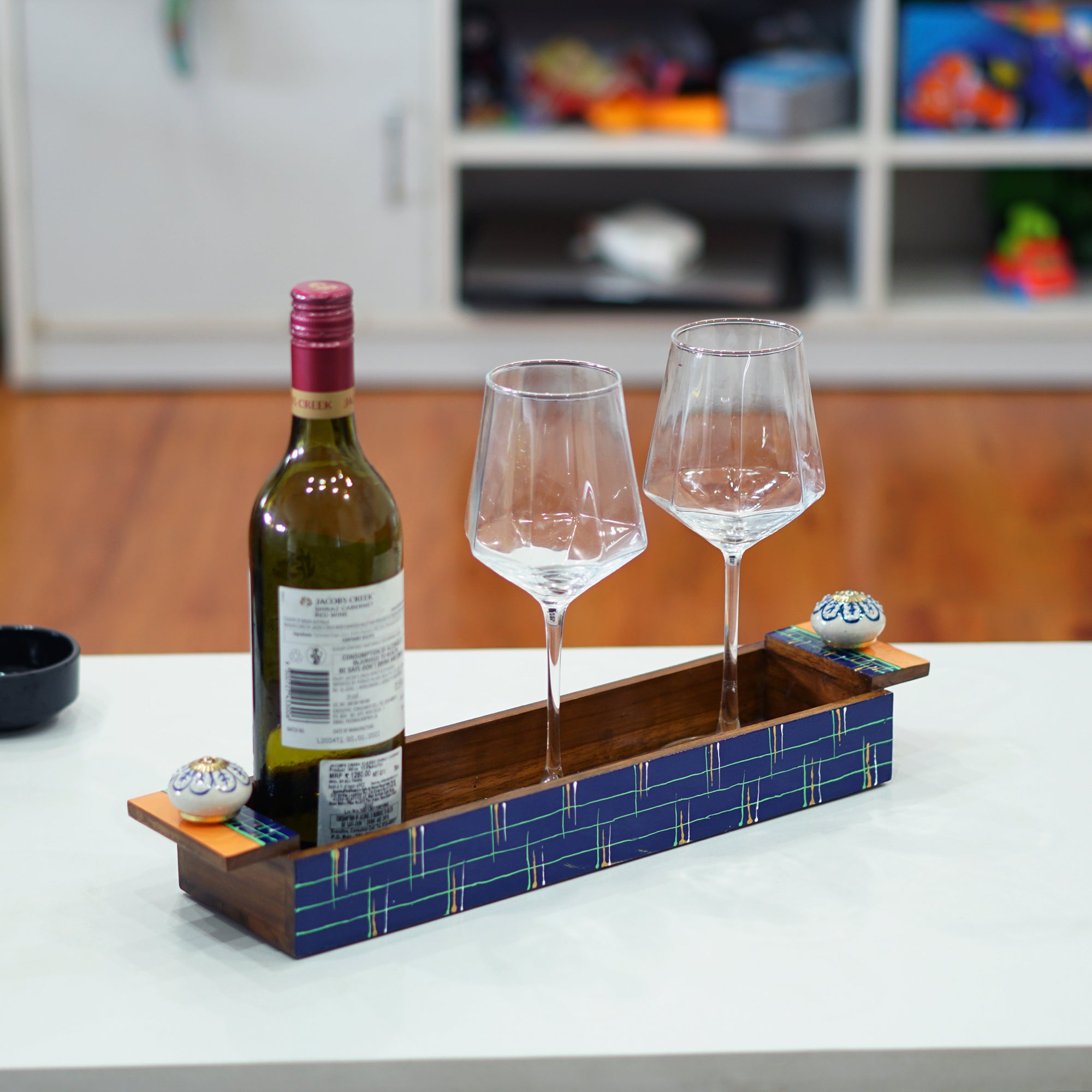 Tavira – Teak Wood Serving Tray Duo with Ceramic Knob Handles