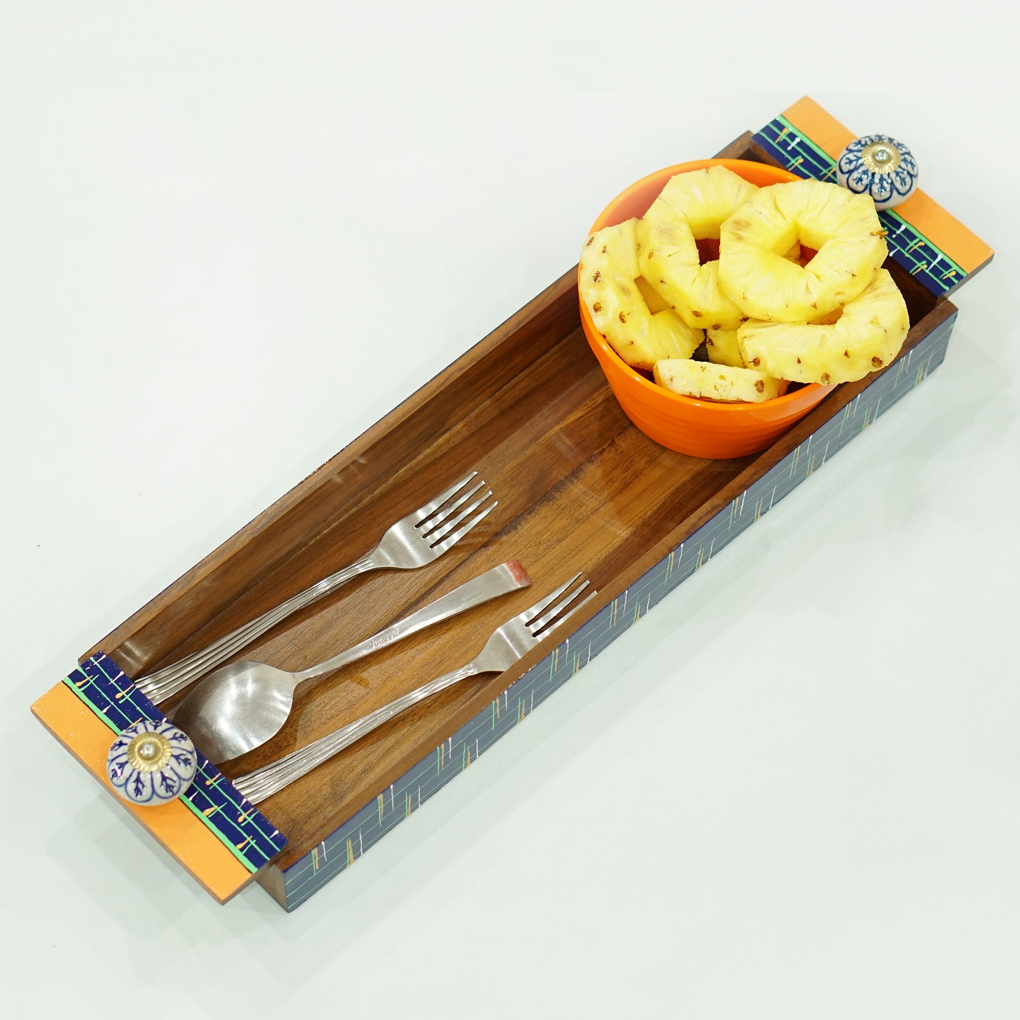 Tavira – Teak Wood Serving Tray Duo with Ceramic Knob Handles