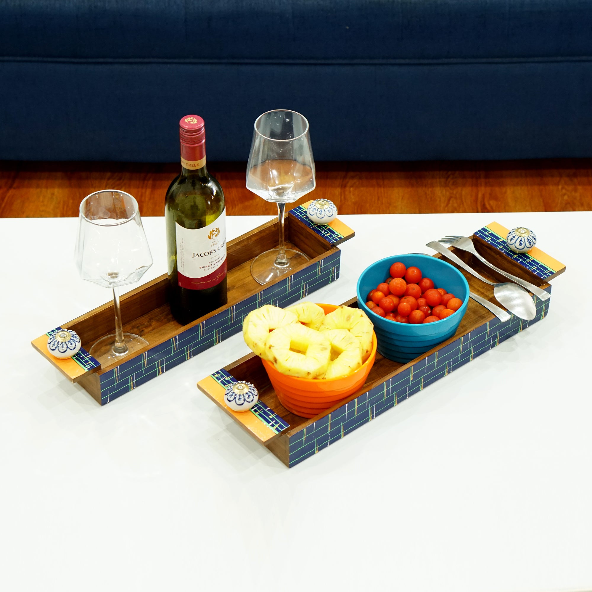 Tavira – Teak Wood Serving Tray Duo with Ceramic Knob Handles