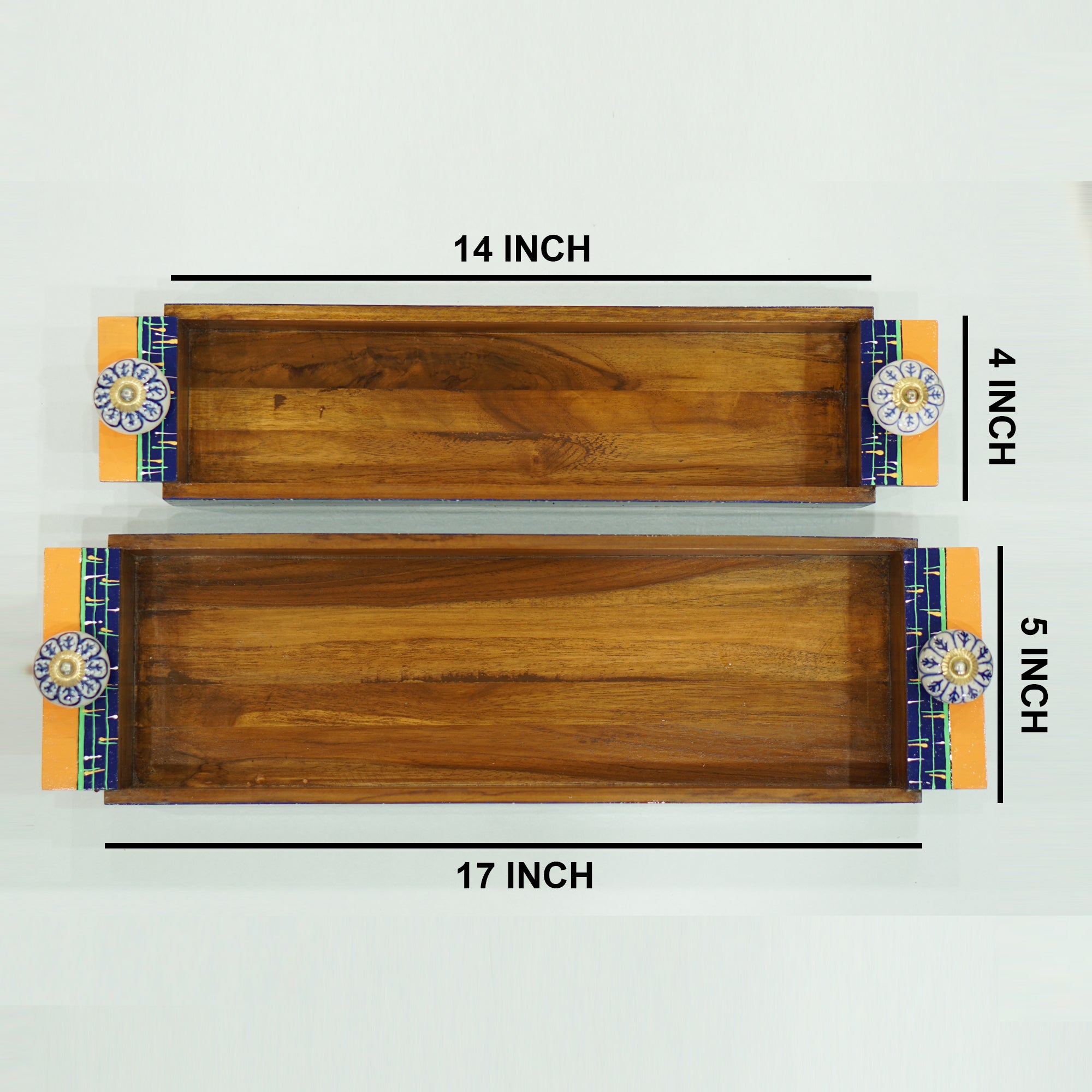 Tavira – Teak Wood Serving Tray Duo with Ceramic Knob Handles