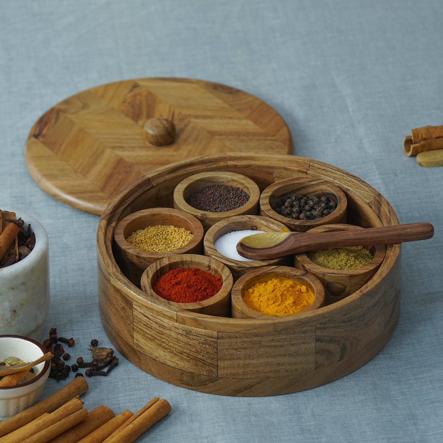 Olivia - Acacia Wooden Masala Box with Chevron Lid
