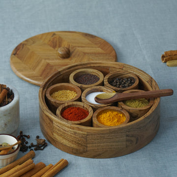 Olivia - Acacia Wooden Masala Box with Chevron Lid