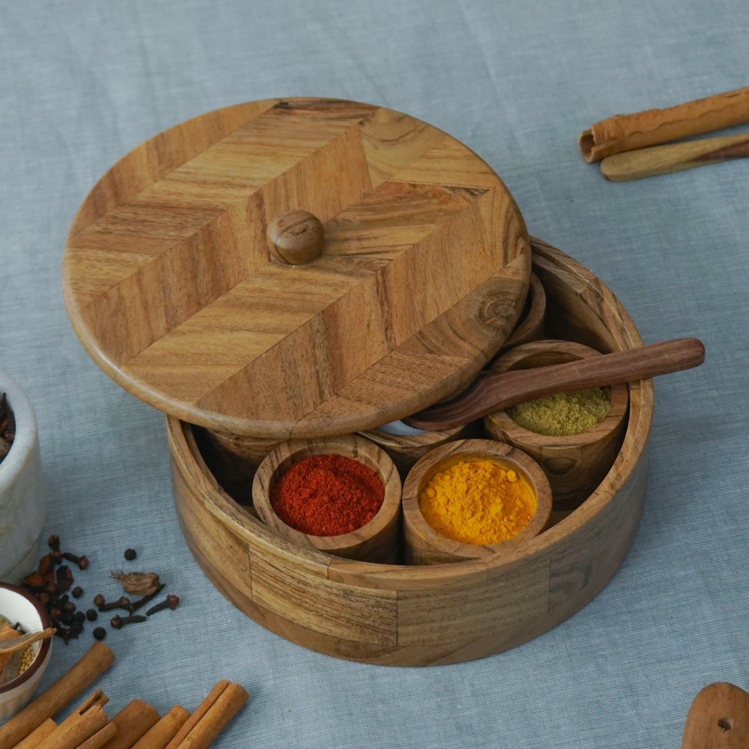 Olivia - Acacia Wooden Masala Box with Chevron Lid