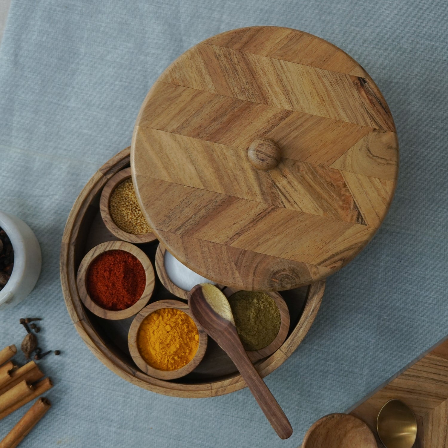 Olivia - Acacia Wooden Masala Box with Chevron Lid